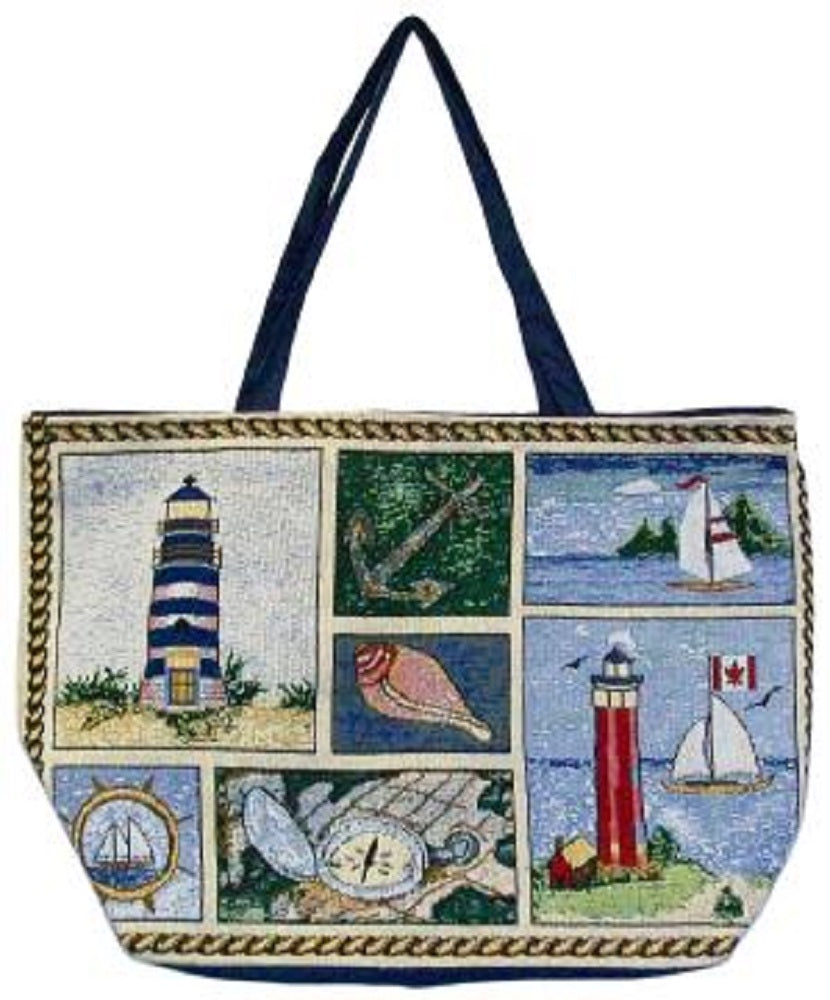 Tapestry Shopping Tote - Red Lighthouse and Boat with Canada flag (41896)